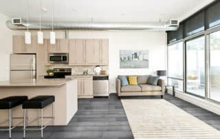 Modern condo kitchen and living room