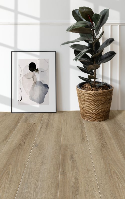 Picture frame mockup by a rubber plant on a wooden floor